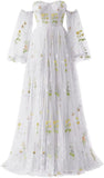 Puffy Sleeve Flower Embroidery Tulle Prom Dresses for Women Long A Line Fairy Maxi Formal Evening Party Gown Bridesmaid Dresses