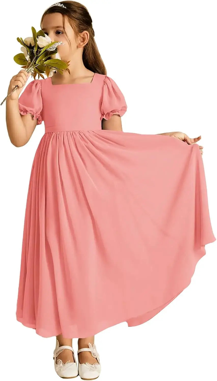 Long Chiffon Junior Bridesmaid Dresses for Wedding with Sleeve Formal Flower Girl Dress for Teens princess dress