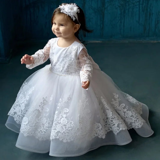Vestidos de bautizo para bebé, tul blanco, apliques con lazo, manga larga, para boda, cumpleaños, comunión, niña de las flores 