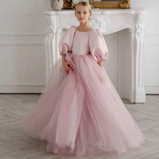 Birthday Holy Communion Banquet Princess Gowns Flower Girl Dresses Dusty Pink Pearls Neck With Bow Half Sleeve For Wedding