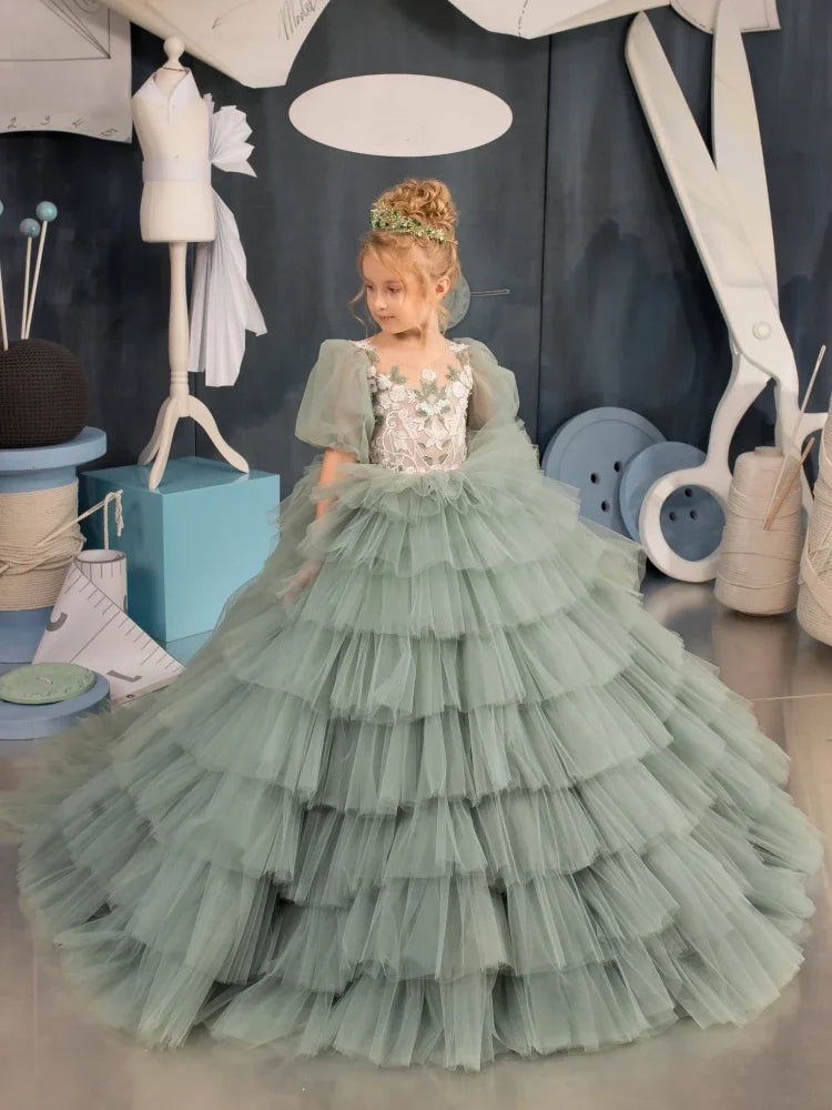 Vestidos de princesa con apliques de tul verde y blanco, de media manga y capas, para bodas, cumpleaños, banquetes, vestidos de niña de las flores personalizados. 