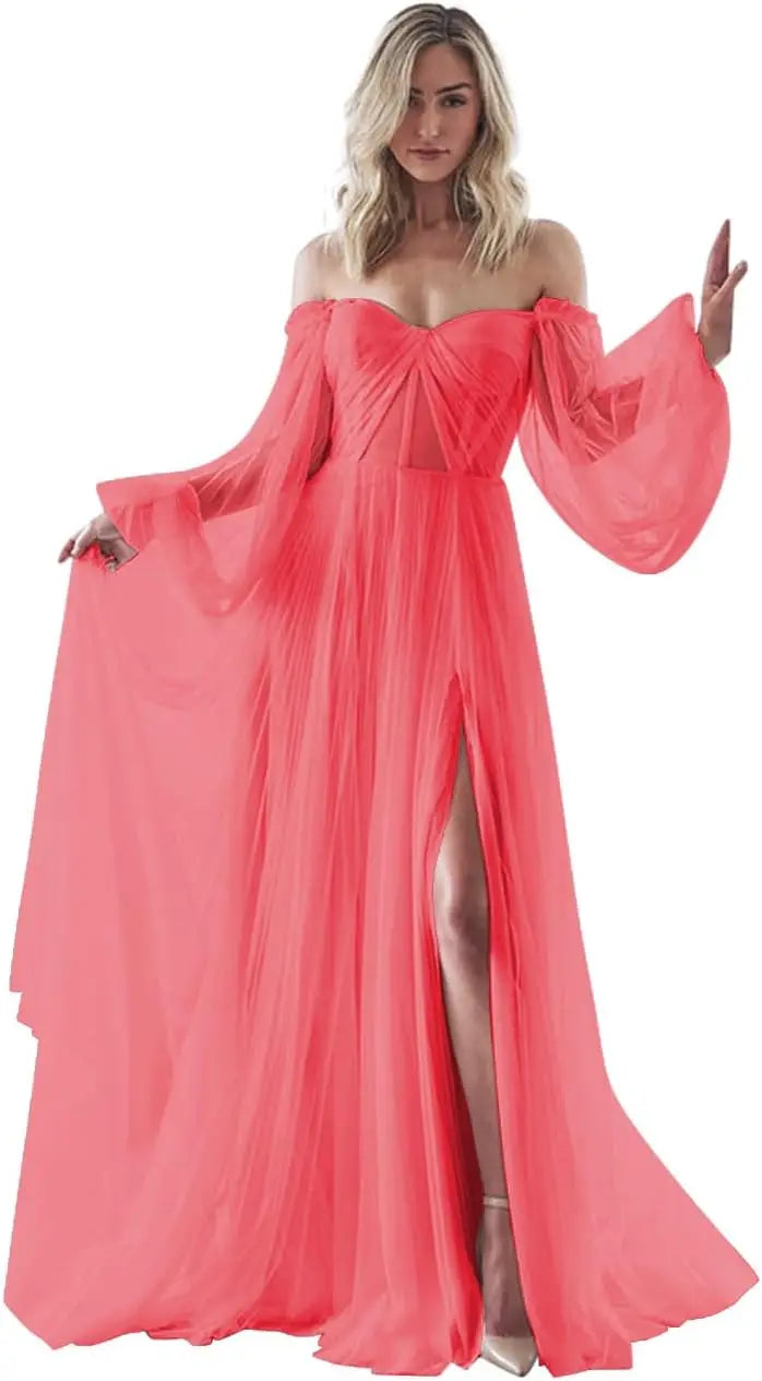 Vestidos de fiesta de manga larga abullonados para mujer, hechos a medida, con abertura en los hombros, de tul, para boda, formales, de noche, transparentes. 