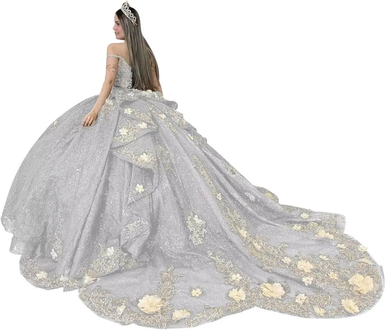 Gold Appliques Quinceanera Dresses with Train Spaghetti Strap Lace Sweet 16 Dresses Layered Ruffles Beaded Ball Gown