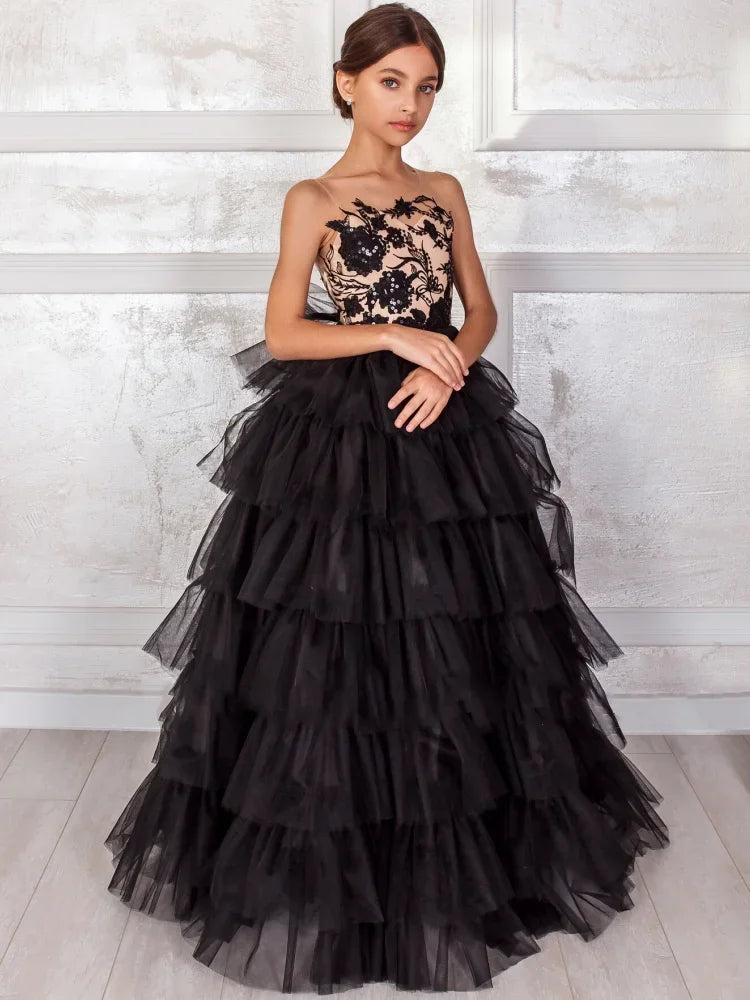 Vestido de fiesta de cumpleaños para niña, sin mangas, con apliques de encaje en capas, para primera comunión, color negro, para boda 