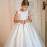 Rosa Blumenmädchen Prinzessin Kleider Festzug Kleid für Hochzeit Satin Schleife Ärmellos Kinder Baby Geburtstagsfeier Erstkommunion Kleider 