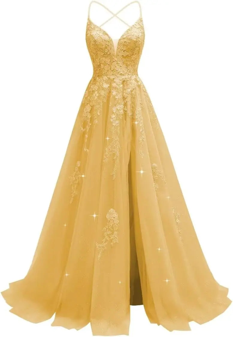 Tüll-Spitzen-Applikationen, Ballkleid, langes Ballkleid für Damen, Spaghettiträger, Korsett, rückenfreies Abendkleid 