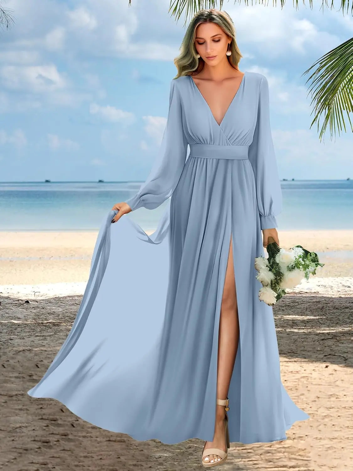 Long Sleeve Bridesmaid Dresses with Slit Pleated Wedding Party Gowns V Neck Chiffon Long Formal Dress evening dress