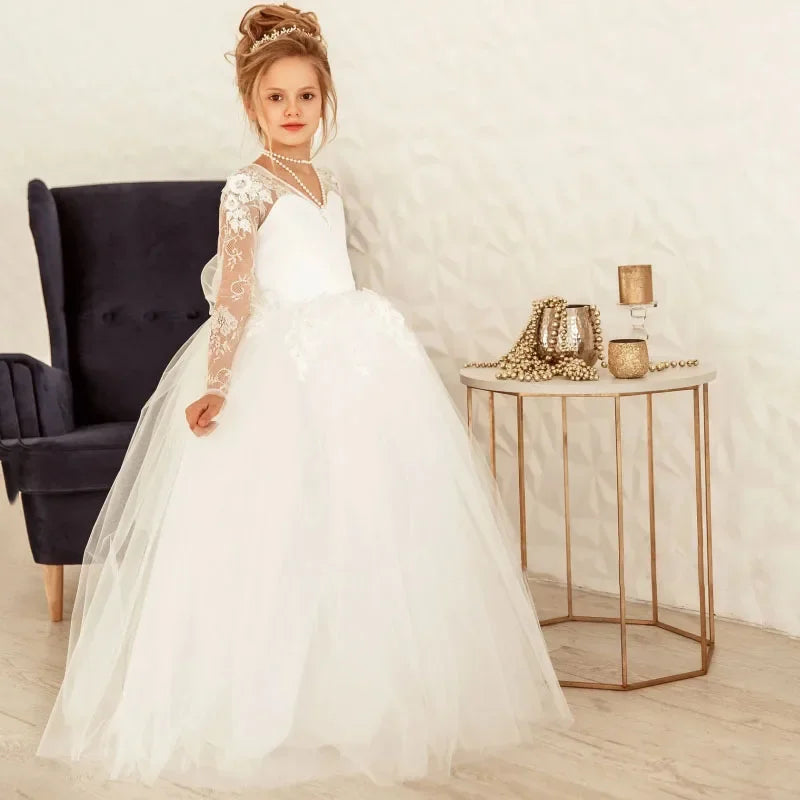 Weiße Spitze Blumenapplikationen mit Schleife Langarm für Hochzeit Geburtstagsfeier Heilige Kommunion Kleider Maßgeschneiderte Blumenmädchenkleider 