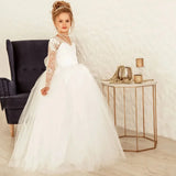 Weiße Spitze Blumenapplikationen mit Schleife Langarm für Hochzeit Geburtstagsfeier Heilige Kommunion Kleider Maßgeschneiderte Blumenmädchenkleider 
