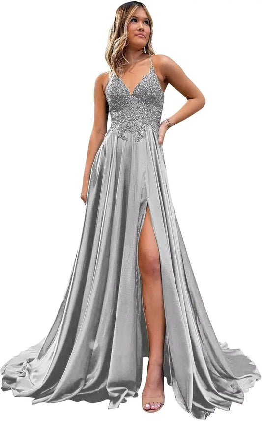 Vestidos de fiesta con apliques de lentejuelas y tirantes finos con abertura en forma de A, largos, de satén, brillantes, formales, para noche y fiesta. 