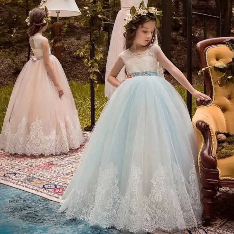 Champagne Appliques Lace Hem With Belt Sleeveless For Wedding Birthday Party Banquet First Communion Gowns Flower Girl Dresses