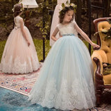 Champagne Appliques Lace Hem With Belt Sleeveless For Wedding Birthday Party Banquet First Communion Gowns Flower Girl Dresses