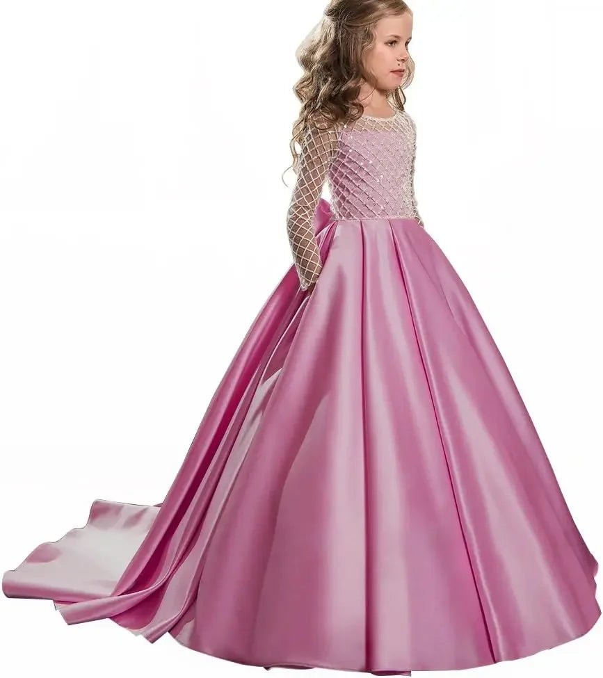 Ball With Bow Satin Floor Length Girl Kids Birthday Party First Holy Communion Gowns Elegant Flower Girl Dresses for Wedding