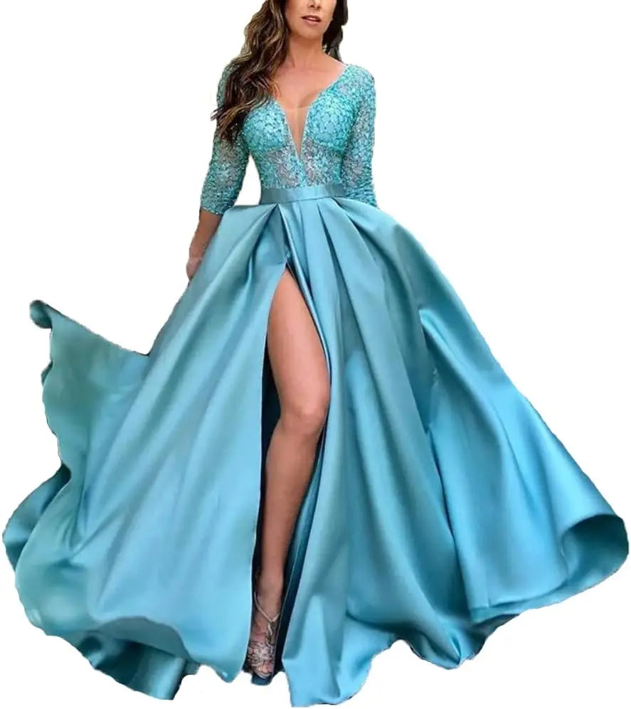 Deep V-Neck Satin Prom Dress for Women, 3/4 Sleeve Formal Evening Gown with Pockets, Elegant Party Dress