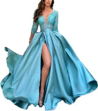 Deep V-Neck Satin Prom Dress for Women, 3/4 Sleeve Formal Evening Gown with Pockets, Elegant Party Dress