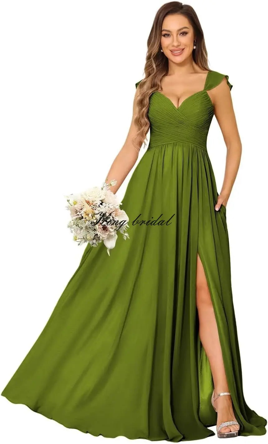 Women's Cap Sleeves Chiffon Bridesmaid Dresses Long with Pockets Ruffle Formal Evening Dresses with Slit Wedding Party Gowns