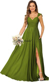 Women's Cap Sleeves Chiffon Bridesmaid Dresses Long with Pockets Ruffle Formal Evening Dresses with Slit Wedding Party Gowns