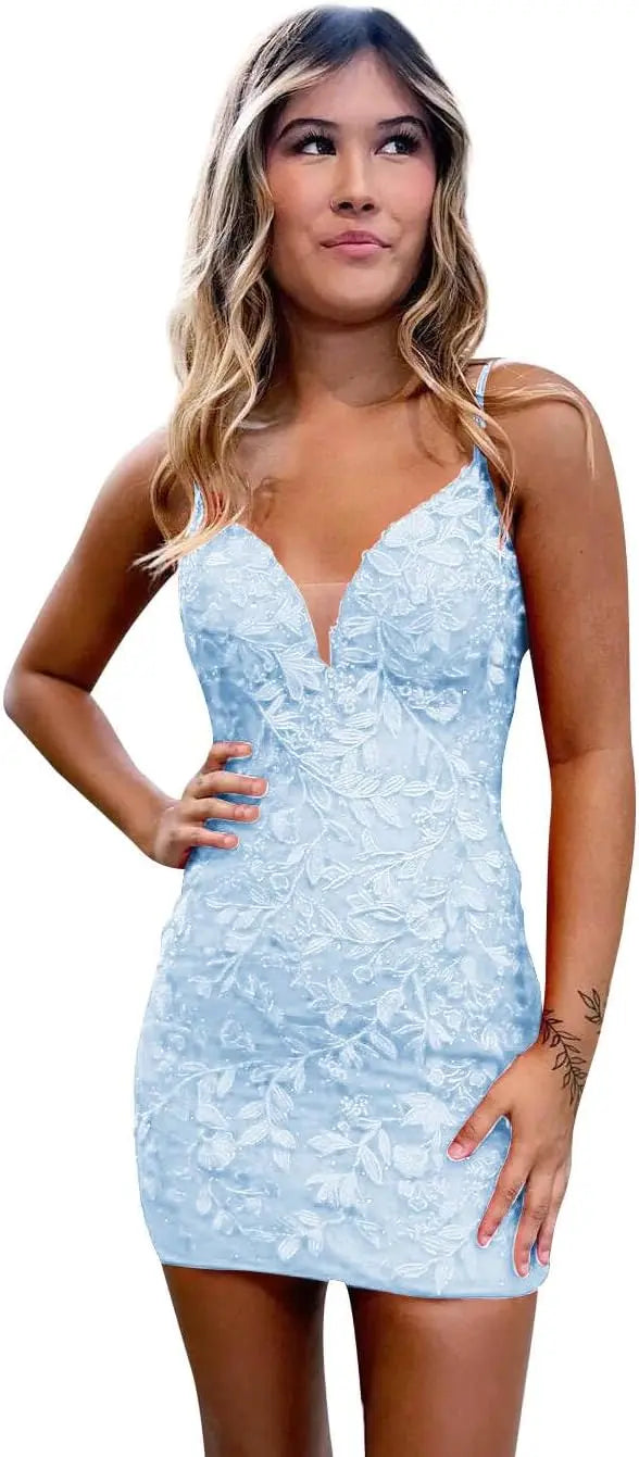 Etuikleid für Teenager mit Spitzenapplikationen, enges, offenes Rückenkleid, kurzes Ballkleid, formelle Abendkleider, Hochzeitsfeier, Cocktailkleid 
