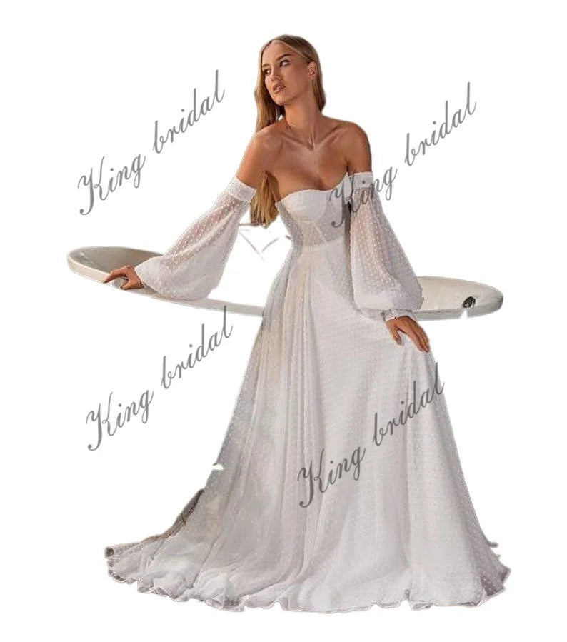 Bustier Gepunktetes seidiges Chiffonkleid Abnehmbare lange Ärmel Brautkleid Minimalistisches Hochzeitskleid Boho Custom Hochzeitskleid 