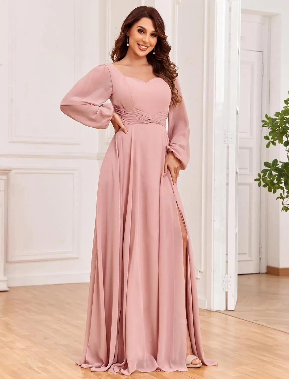 Damen Langarm Brautjungfernkleider mit Taschen Split Plissee Chiffon Formales Abendkleid Partykleid formelles Kleid Frauen elegant 