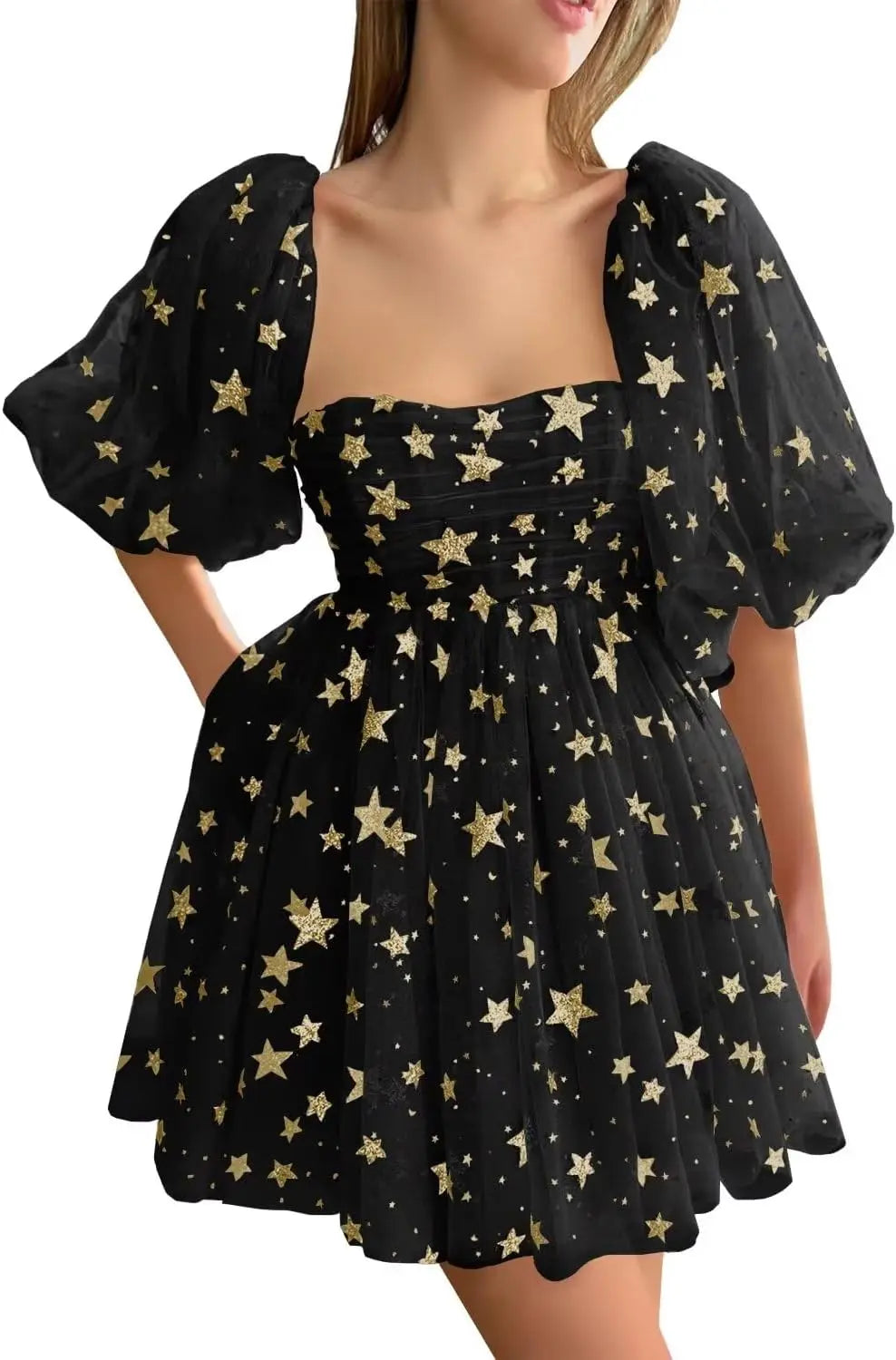 Vestidos de fiesta cortos de tul con estrellas brillantes, hechos a medida, para adolescentes, minivestido de fiesta con estrellas brillantes y mangas abullonadas, vestido formal para club. 