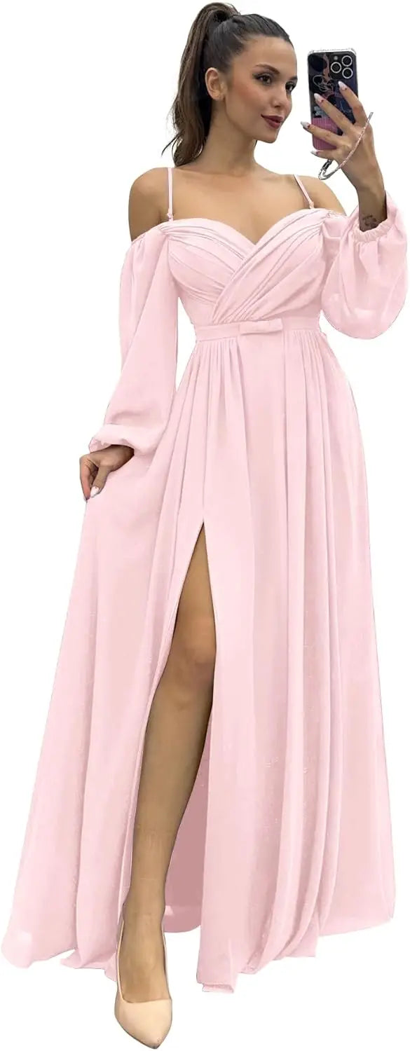 Vestido de dama de honor de manga larga para mujer, con tirantes finos, para invitada de boda, con abertura y bolsillos, vestido formal fruncido. 