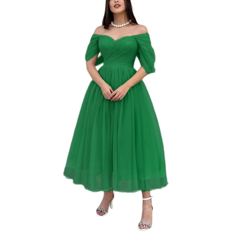 Tulle Sweetheart A-line Evening Dresses Off the Shoulder Tea-Length Formal Dress With Pleats & Bow Elegant Lace Up Prom Gowns