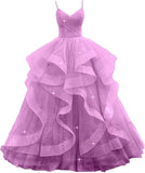 Customized V Neck Glitter Tulle Long Prom Dresses Spaghetti Straps Ball Gown For Women Puffy Tiered Formal Evening Party Dresses