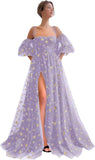 Sparkly Starry Tulle Prom Dresses for Women Slit Long Puffy Sleeve Glitter Star Formal Evening Party Gown Junior Bridesmaid Gown