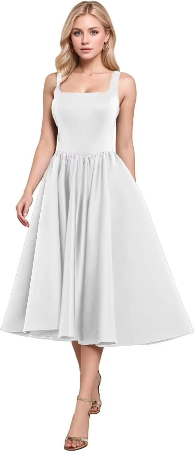 A-Line Pleated Tea-Length Satin Homecoming Dress,Spaghetti Straps Ruffled Formal Prom Dress Party Gown for Women