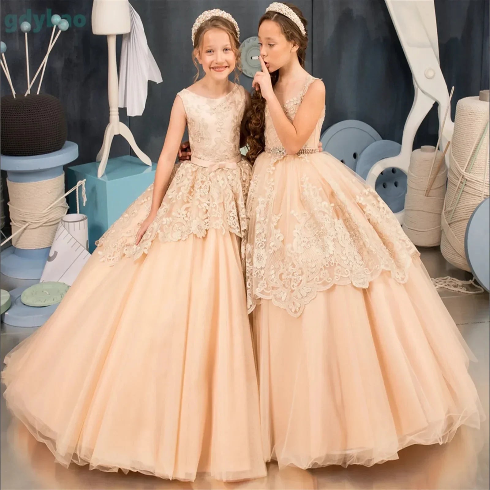 Apliques de encaje hasta el suelo para niña, fiesta de cumpleaños, primera comunión, vestido personalizado para niña de las flores para boda 