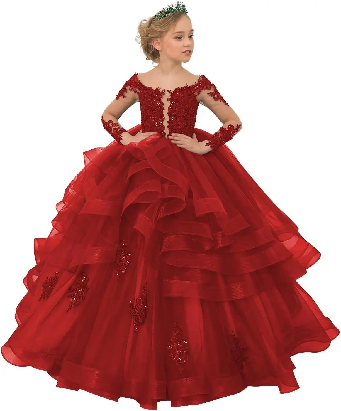 Long Sleeve Flower Girl Dresses Laces Applique Beaded Princess Pageant Dress Beaded Ruffle Tulle Kids Prom Party Gown