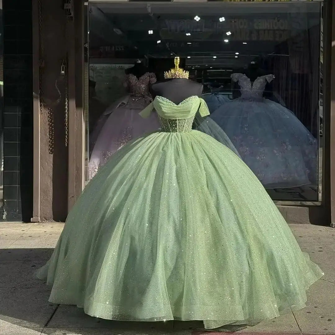 Tulle Quinceanera Dresses with Bow Puffy Off Shoulder Sweet 16 Dresses Sparkly Crystal Quince Dress with Train