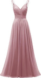 Chiffon-Spitze Brautjungfernkleider lang für Damen V-Ausschnitt Plissee Tüll Träger A-Linie Abschlussball Abend Hochzeit formelle Kleider 