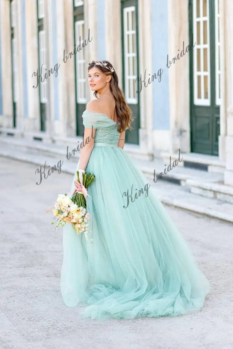 Vestido de novia con hombros descubiertos Vestido de novia color menta pastel de tul completo Vestido de noche con corsé drapeado Vestido de novia sin espalda 