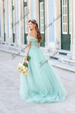 Vestido de novia con hombros descubiertos Vestido de novia color menta pastel de tul completo Vestido de noche con corsé drapeado Vestido de novia sin espalda 