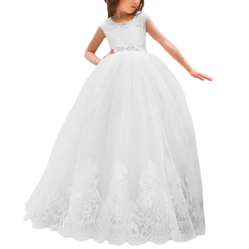 Champagne Appliques Lace Hem With Belt Sleeveless For Wedding Birthday Party Banquet First Communion Gowns Flower Girl Dresses
