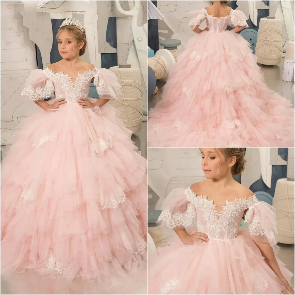 Apliques con volantes y capas de princesa para niña, vestido de fiesta de cumpleaños para niña, vestidos de primera comunión, vestidos de niña de flores rosas para boda 