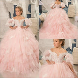 Apliques con volantes y capas de princesa para niña, vestido de fiesta de cumpleaños para niña, vestidos de primera comunión, vestidos de niña de flores rosas para boda 
