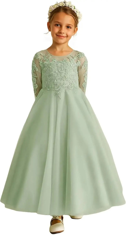Tulle Lace Appliques Flower Girl Dresses for Wedding Long Sleeve Pageant Dress First Communion Dresses for Girls