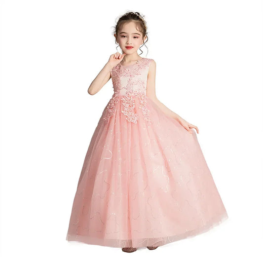 Princess Dress  Flower Girl Dresses Champagne Tulle Mesh Appliques Sleeveless For Wedding Birthday Party Banquet Princess Gowns