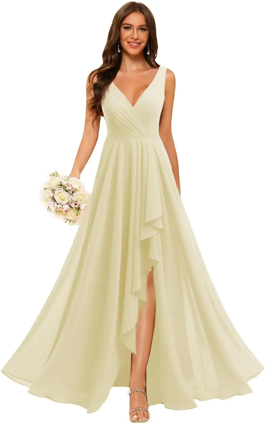 Women's V Neck Bridesmaid Dresses with Slit 2025 Chiffon A-line Formal Evening Gowns with Pockets bridesmaid dress for weddings