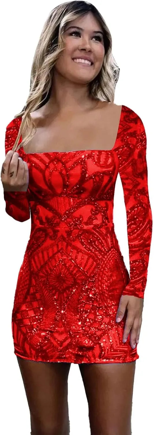 Vestidos de fiesta de manga larga con lentejuelas y encaje para mujer, cortos, ajustados, brillantes, con escote cuadrado, para cóctel o fiesta. 