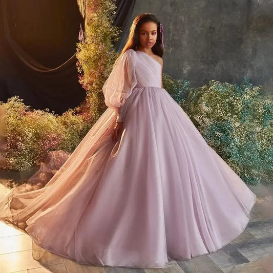 Tulle One Shoulder Floor Length Elegant Girl Kids Birthday Party First Holy Communion Gowns Pink Flower Girl Dresses for Wedding
