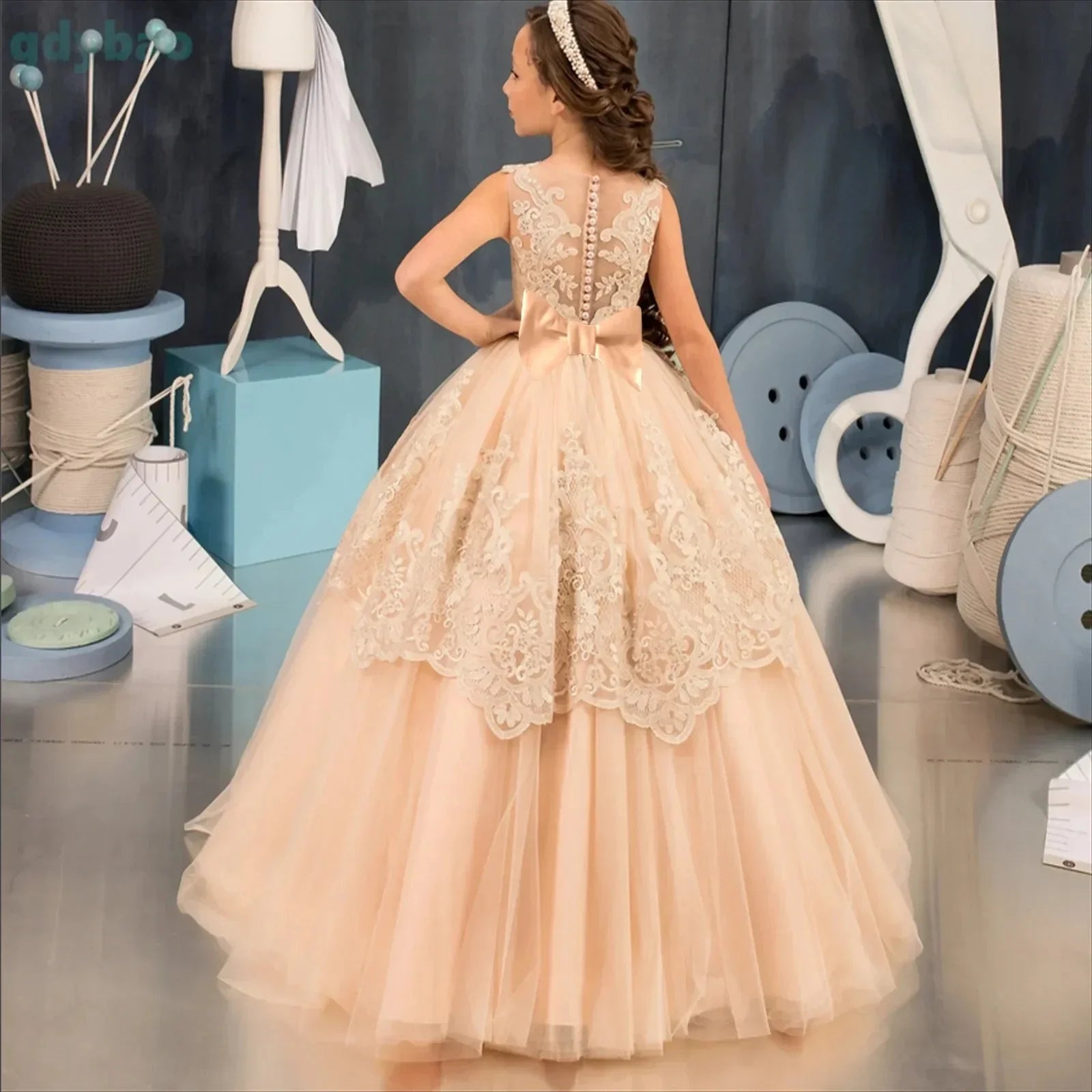 Apliques de encaje hasta el suelo para niña, fiesta de cumpleaños, primera comunión, vestido personalizado para niña de las flores para boda 