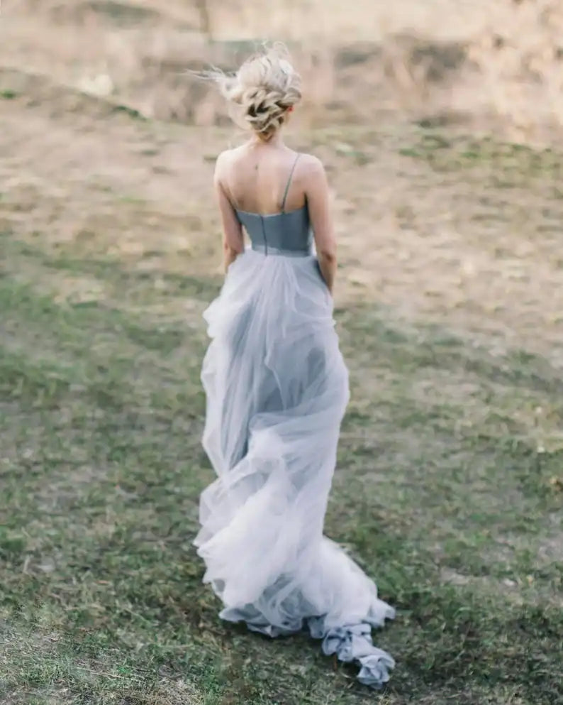 Blaues und graues Tüll-Hochzeitskleid Spaghettiträger Brautkleider Fee Hochzeitskleid Prinzessin Boho Brautkleid 