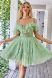 Floral Embroidery Off the Shoulder Mini Homecoming Dresses Sweetheart Tulle Pleats Ruffle Spaghetti Straps Adjustable Prom Dress