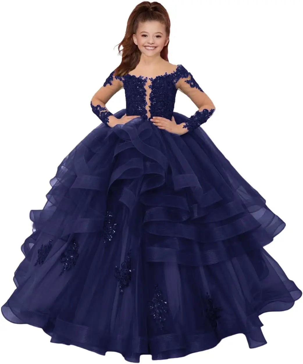 Custom made Princess Long Sleeve Flower Girl Dresses Appliques Ruffles Tulle Pageant Dresses for Girls Kids Party Ball Gowns