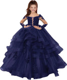 Custom made Princess Long Sleeve Flower Girl Dresses Appliques Ruffles Tulle Pageant Dresses for Girls Kids Party Ball Gowns