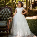 Tulle Puffy Lace Flory Appliques Short Sleeve For Wedding Birthday Party Banquet Princess Gowns Flower Girl Dresses White
